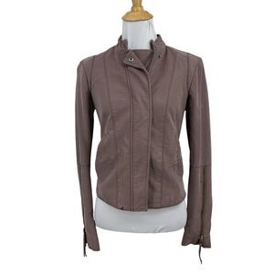 Free People Jacket Womens 0 Mauve Wool Blend Coated Zip Snap Moto Zipper Sleeve